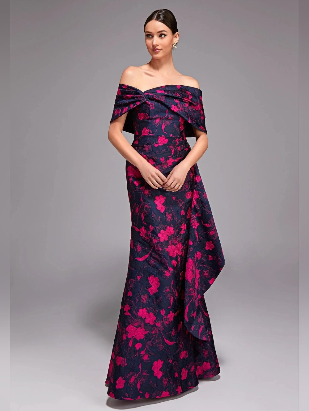 Alyce Paris 27832 Floral Jacquard Off-Shoulder Gown Navy Fuchsia Size 10